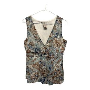 Vintage Y2K A.M.I Paisley V-Neck Blouse - Blue and Brown Small